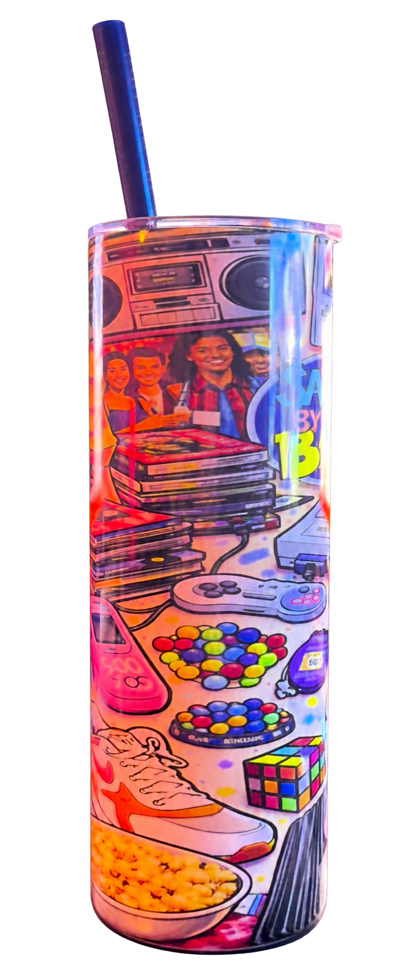 90s Nostalgia Collage Tumbler - actual reverse; photographed item, background removed