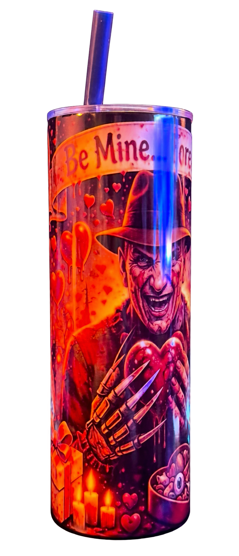 Freddy Valentine Horror Tumbler - actual front; photographed item, background removed