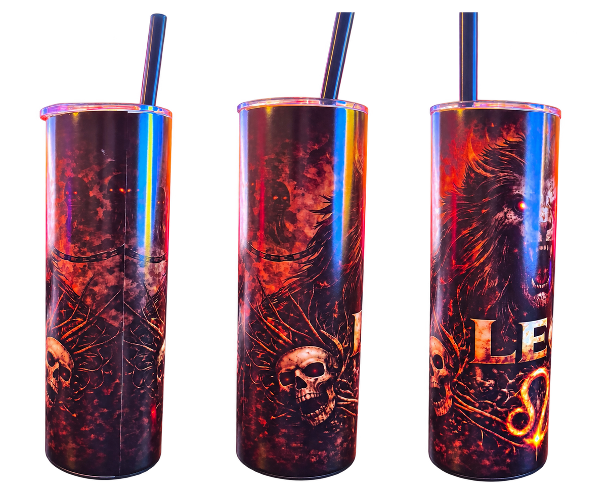Leo Horror Zodiac Tumbler - Blem - three actual condition views 4-6 of one tumbler; photographed item, background removed