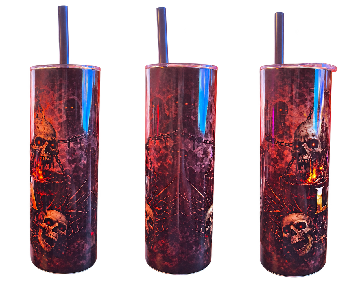 Libra Horror Zodiac Tumbler - Blem - three actual condition views 1-3 of one tumbler; photographed item, background removed