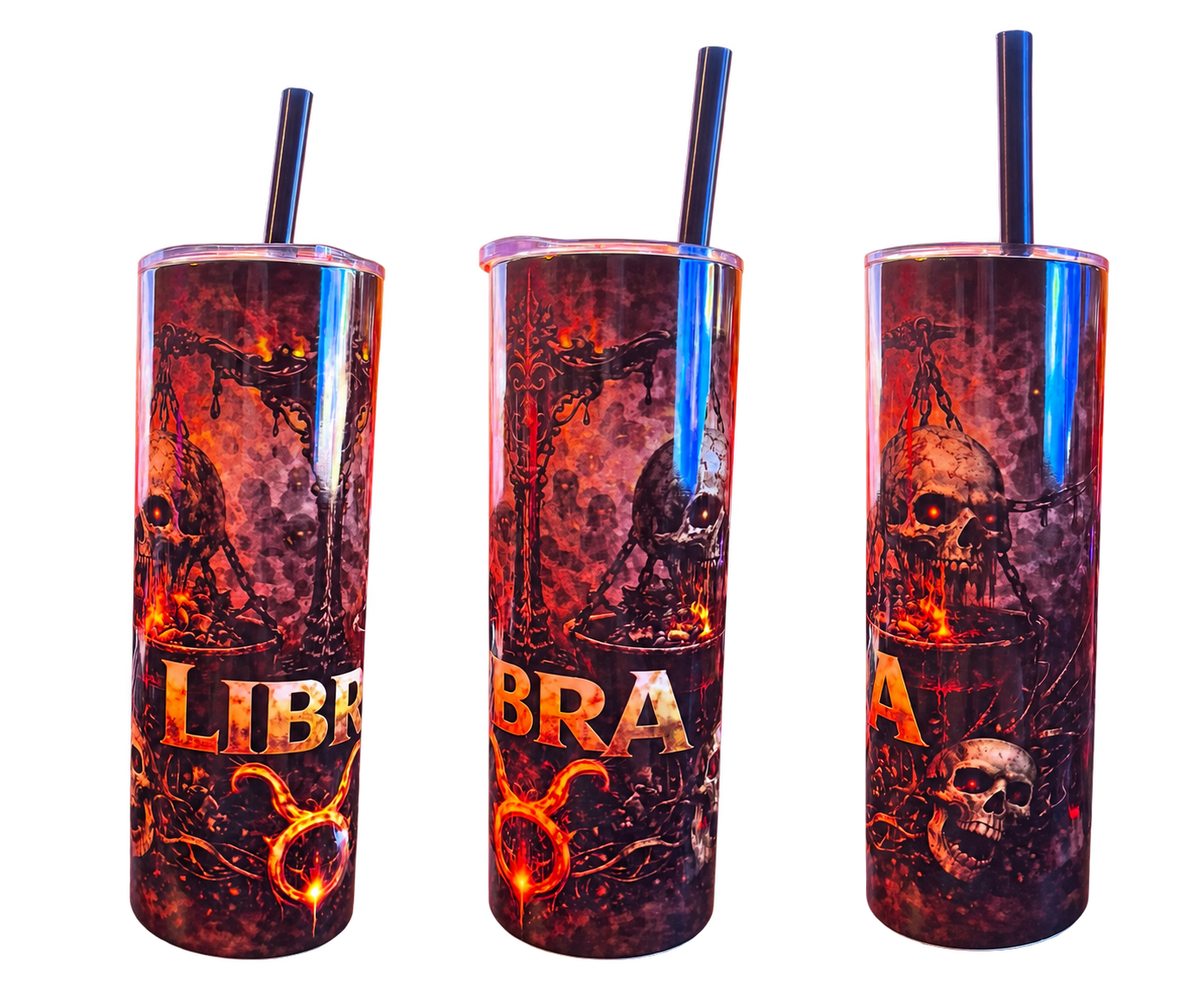 Libra Horror Zodiac Tumbler - Blem - three actual condition views 4-6 of one tumbler; photographed item, background removed