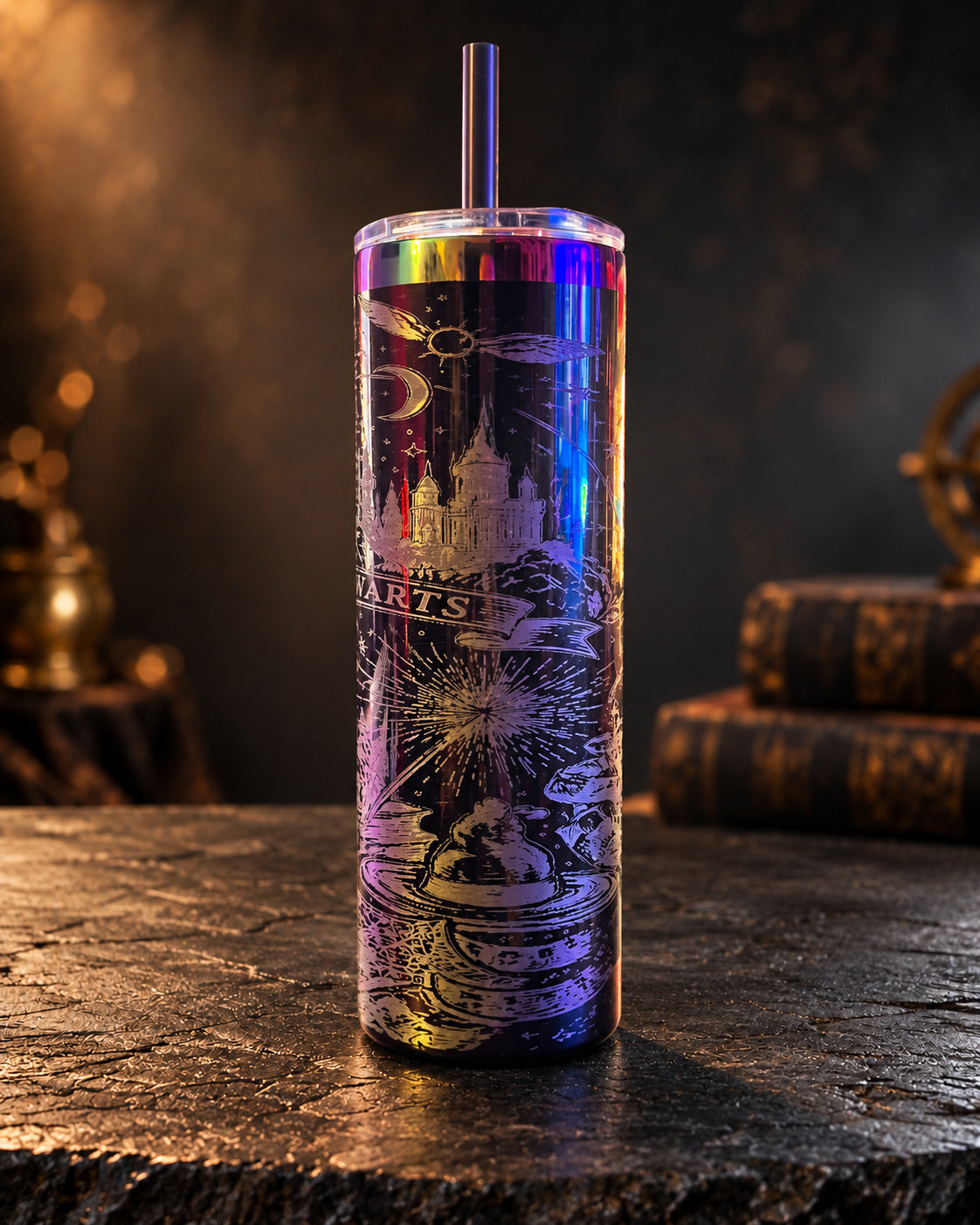 20oz tumbler with dark rainbow wizard-school map linework and lettering