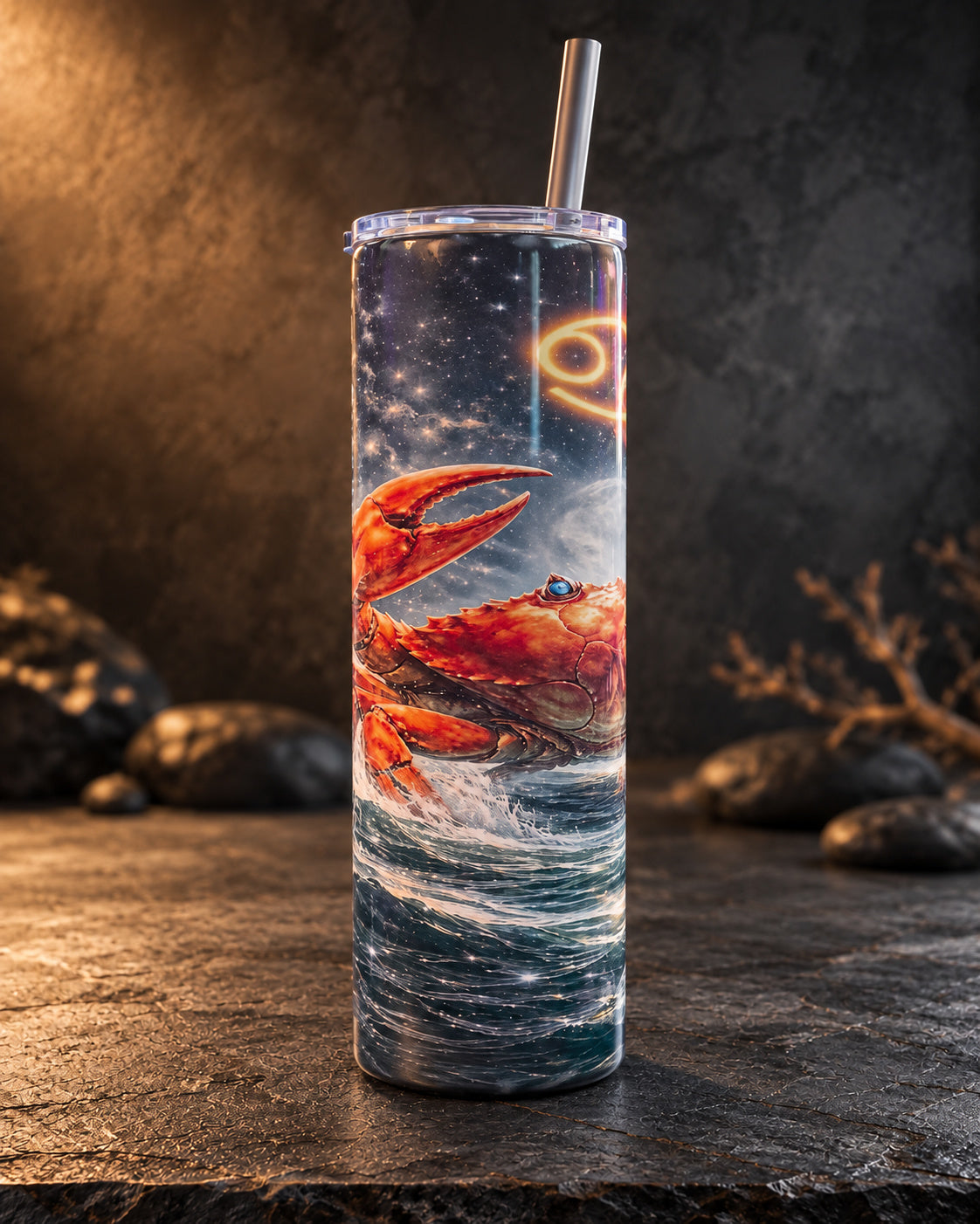 20oz tumbler with a red crab over a dark sea-and-sky scene and the Cancer zodiac symbol