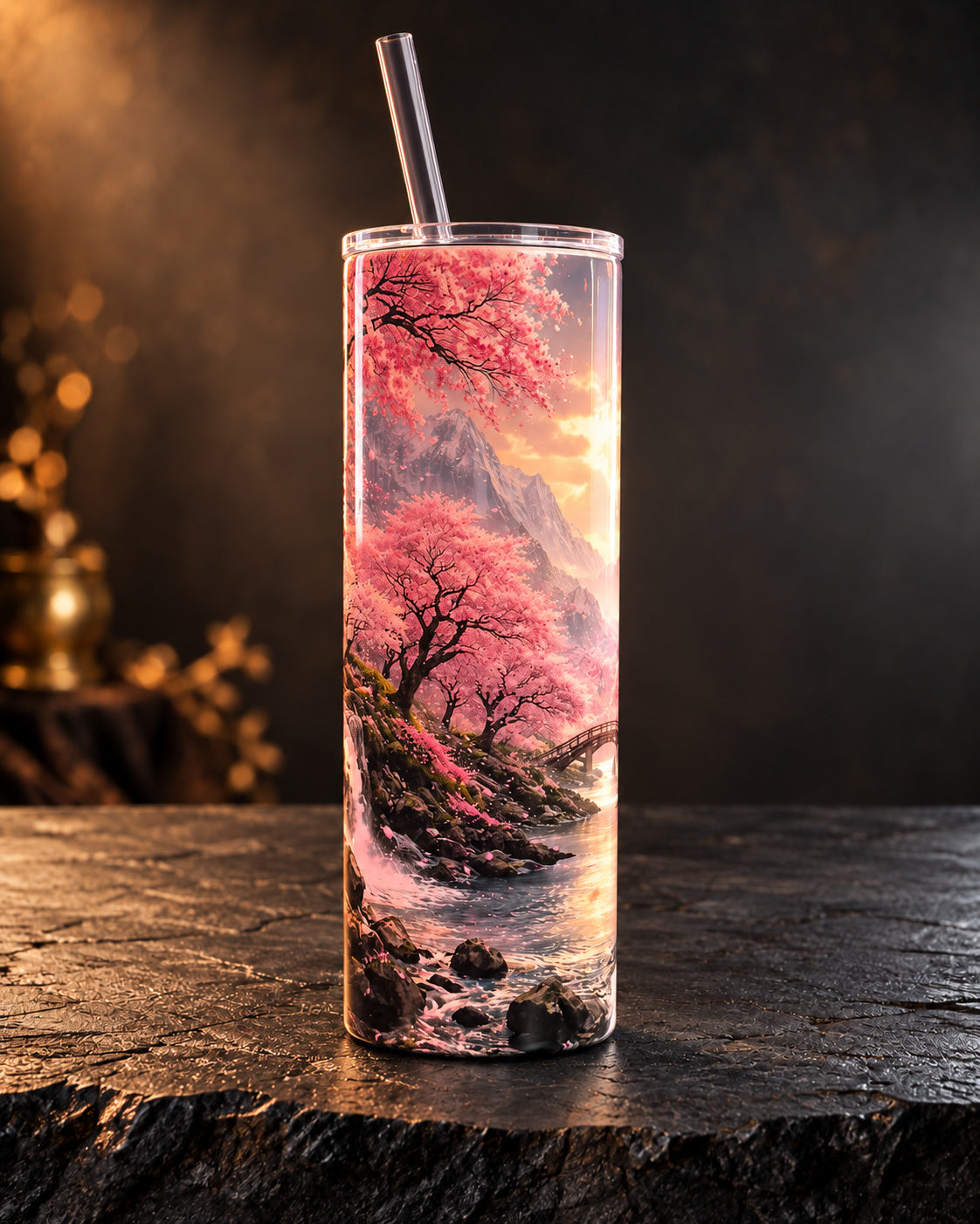20oz tumbler with pink cherry blossoms, mountains, trees and still water