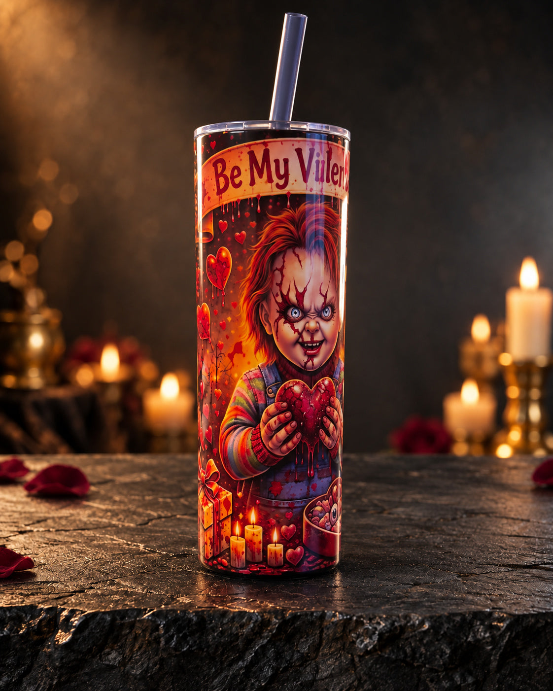20oz tumbler with a horror doll portrait surrounded by red hearts and roses