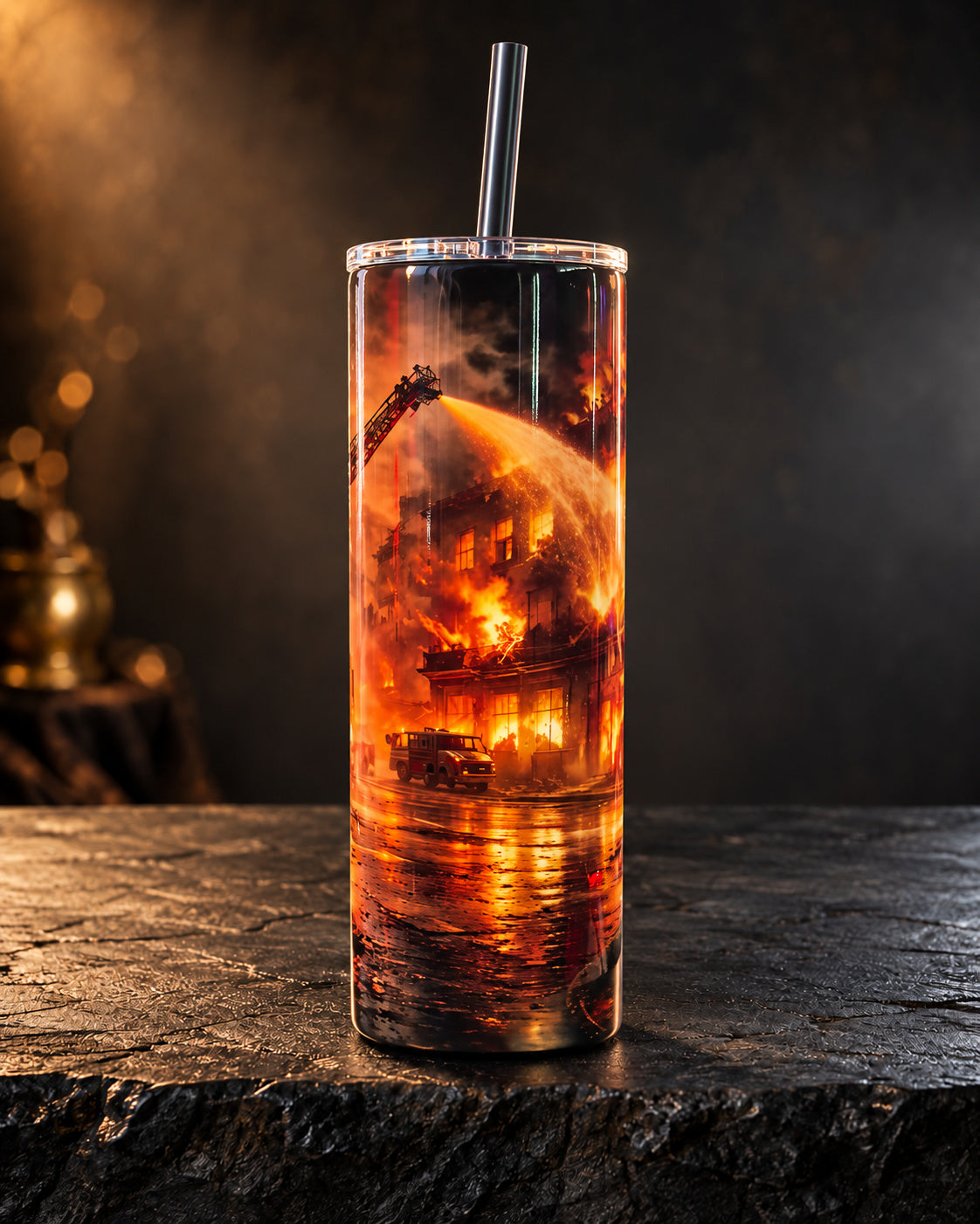 20oz tumbler with a firefighter standing against orange and black flames