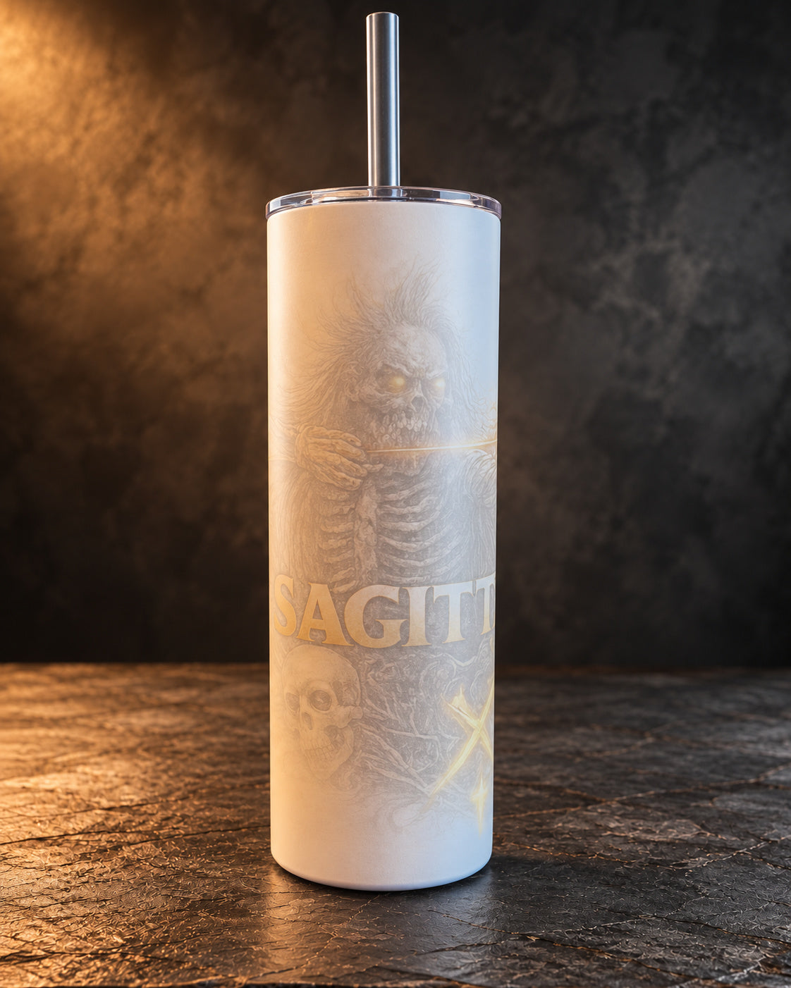 Pale glow-in-the-dark 20oz tumbler with a Sagittarius bow-and-arrow zodiac design