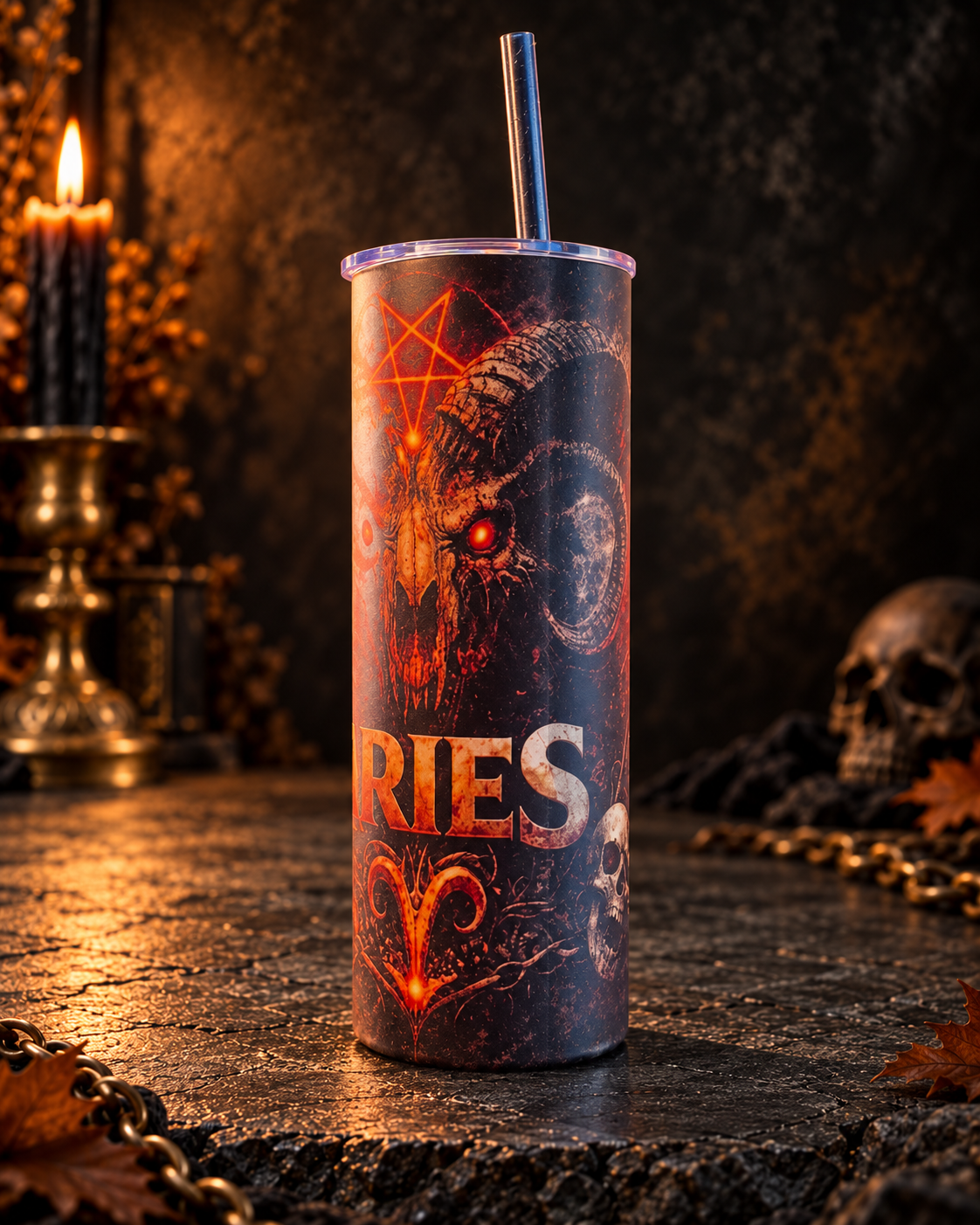 20oz blem tumbler with dark red Aries horror zodiac art, ram symbol and skulls