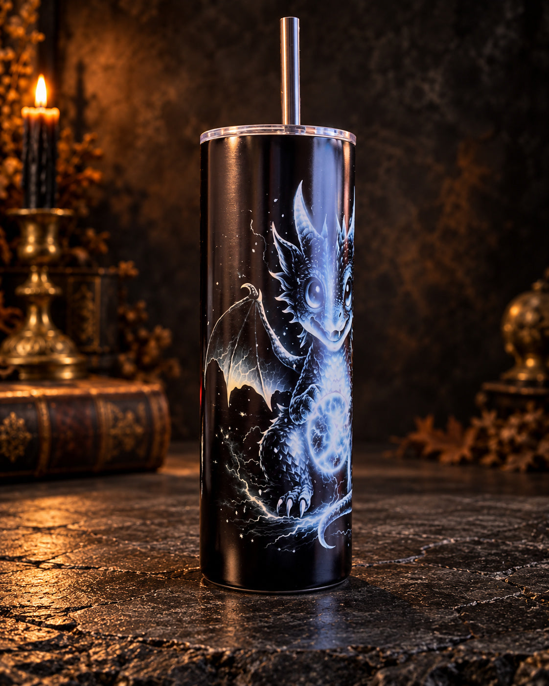20oz blem tumbler with a pale winged baby dragon on black