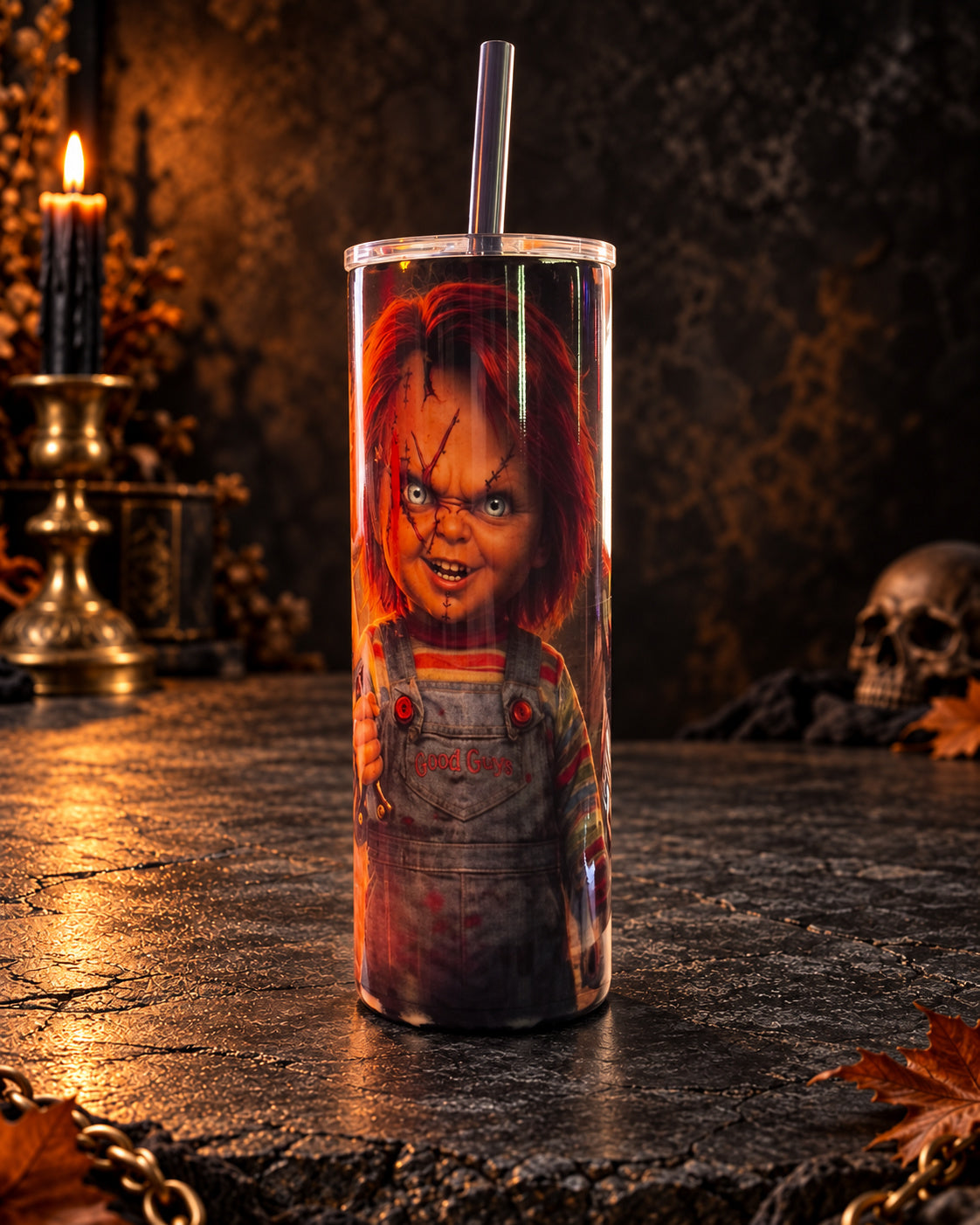 20oz blem tumbler with a horror doll portrait and orange flames