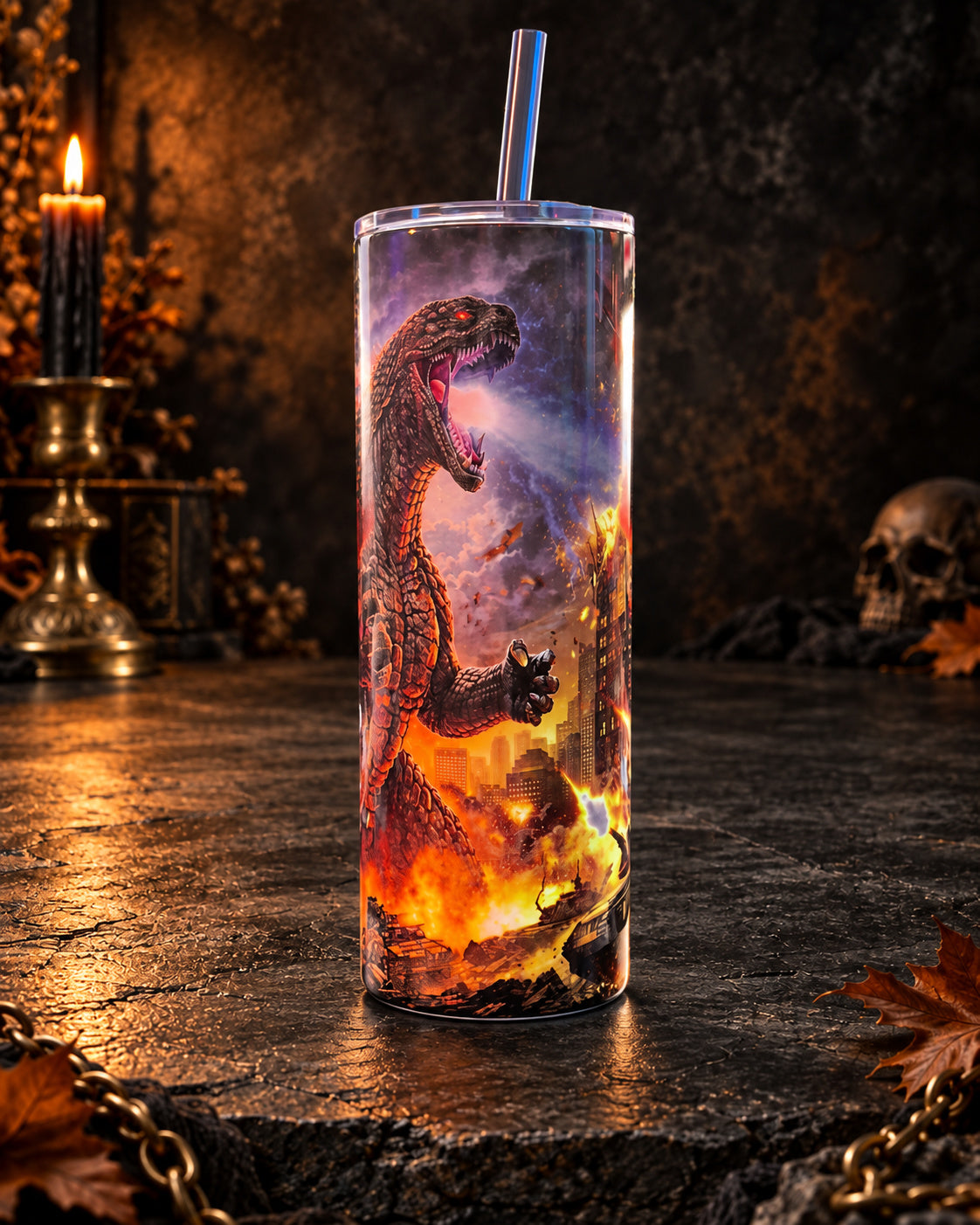 20oz blem tumbler with a towering kaiju in orange flames