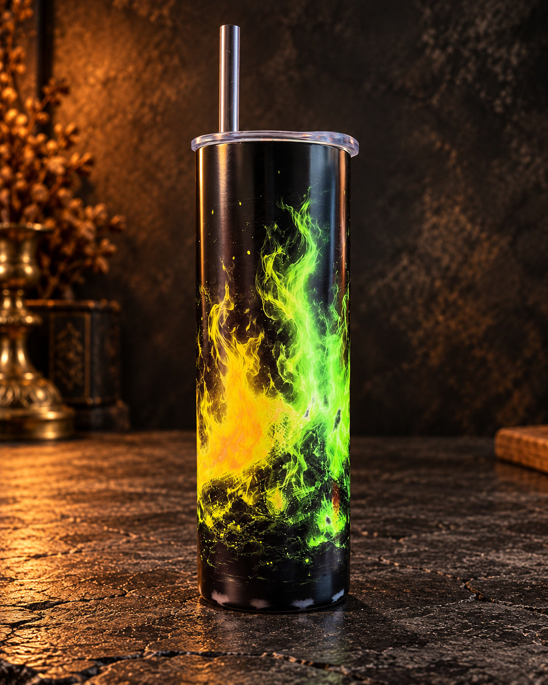 20oz blem tumbler with neon green and yellow flames on black