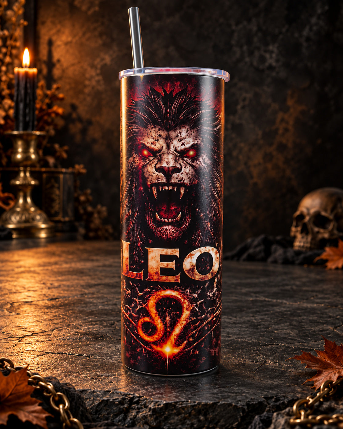 20oz blem tumbler with dark red Leo horror zodiac art and skulls