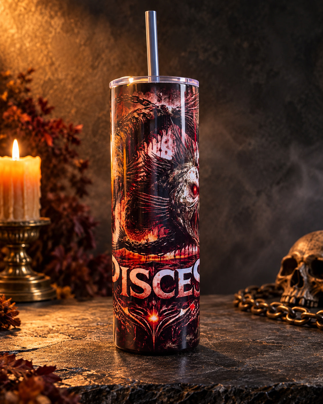 20oz blem tumbler with dark red Pisces horror zodiac art