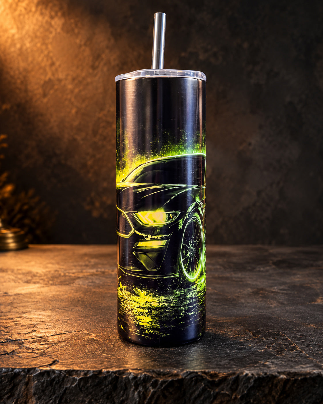 20oz blem tumbler with a green and yellow muscle car on black