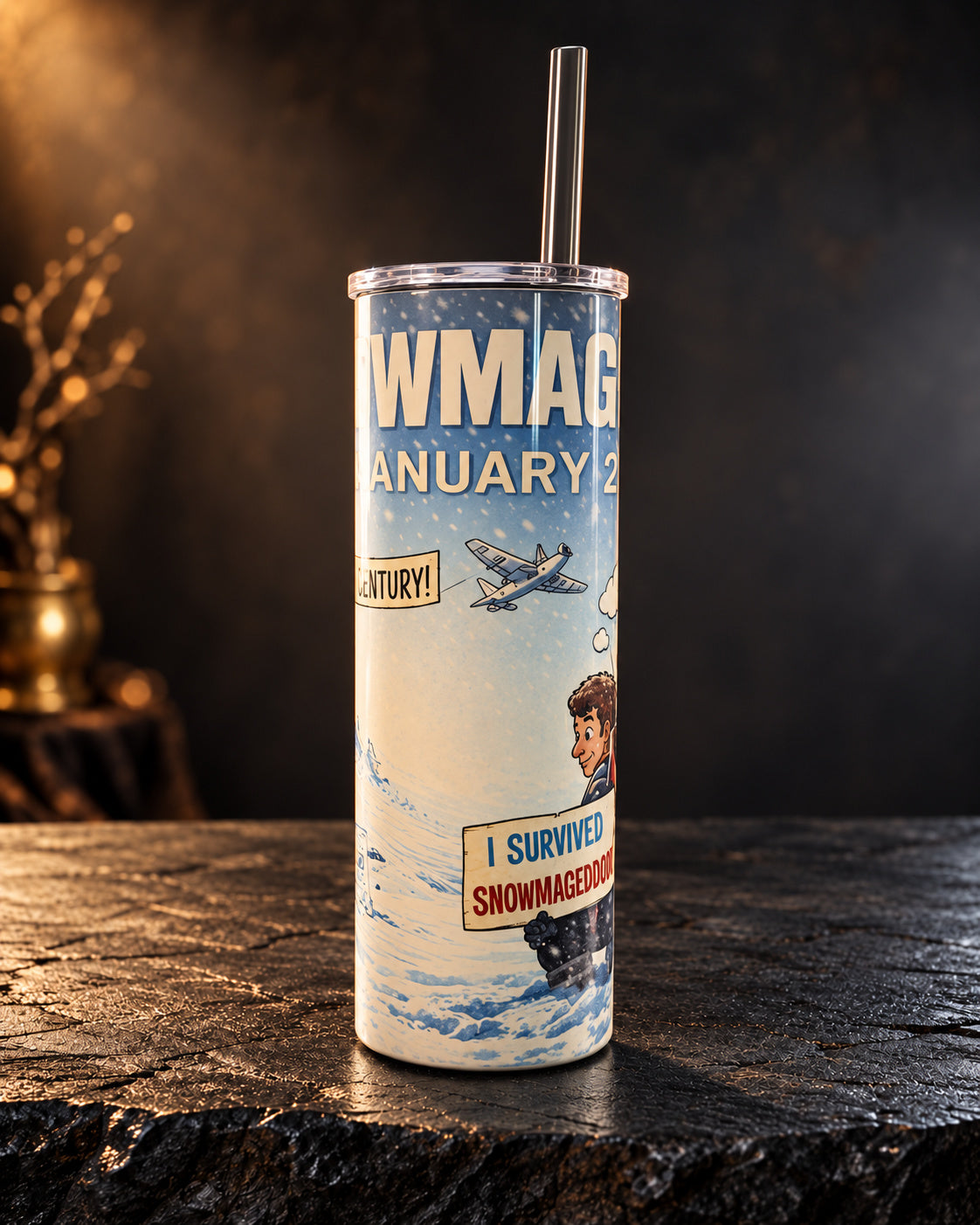 20oz tumbler with Snowmageddon January 2026 lettering and a snowy winter collage