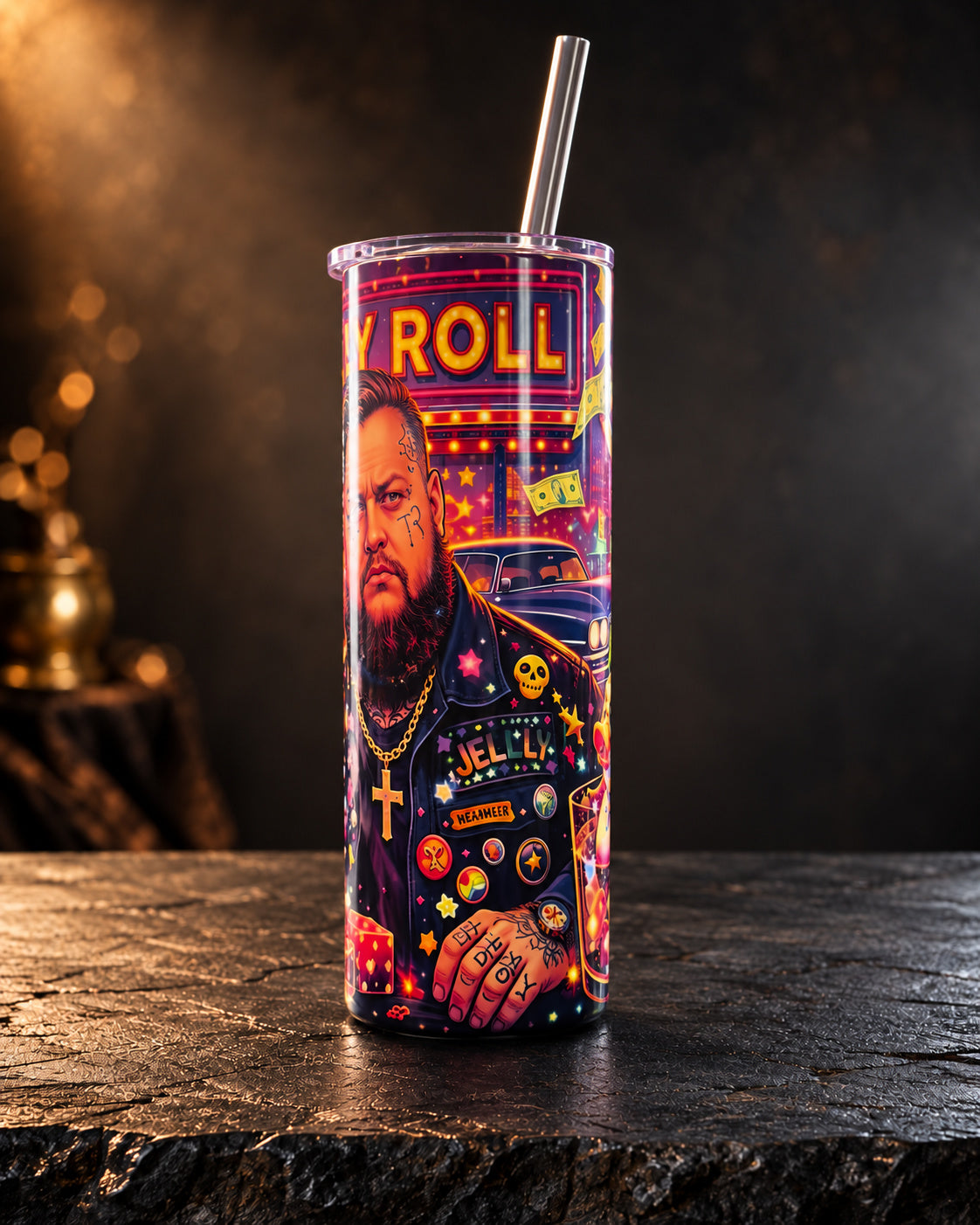 20oz tumbler with a colorful portrait collage and Las Vegas lettering