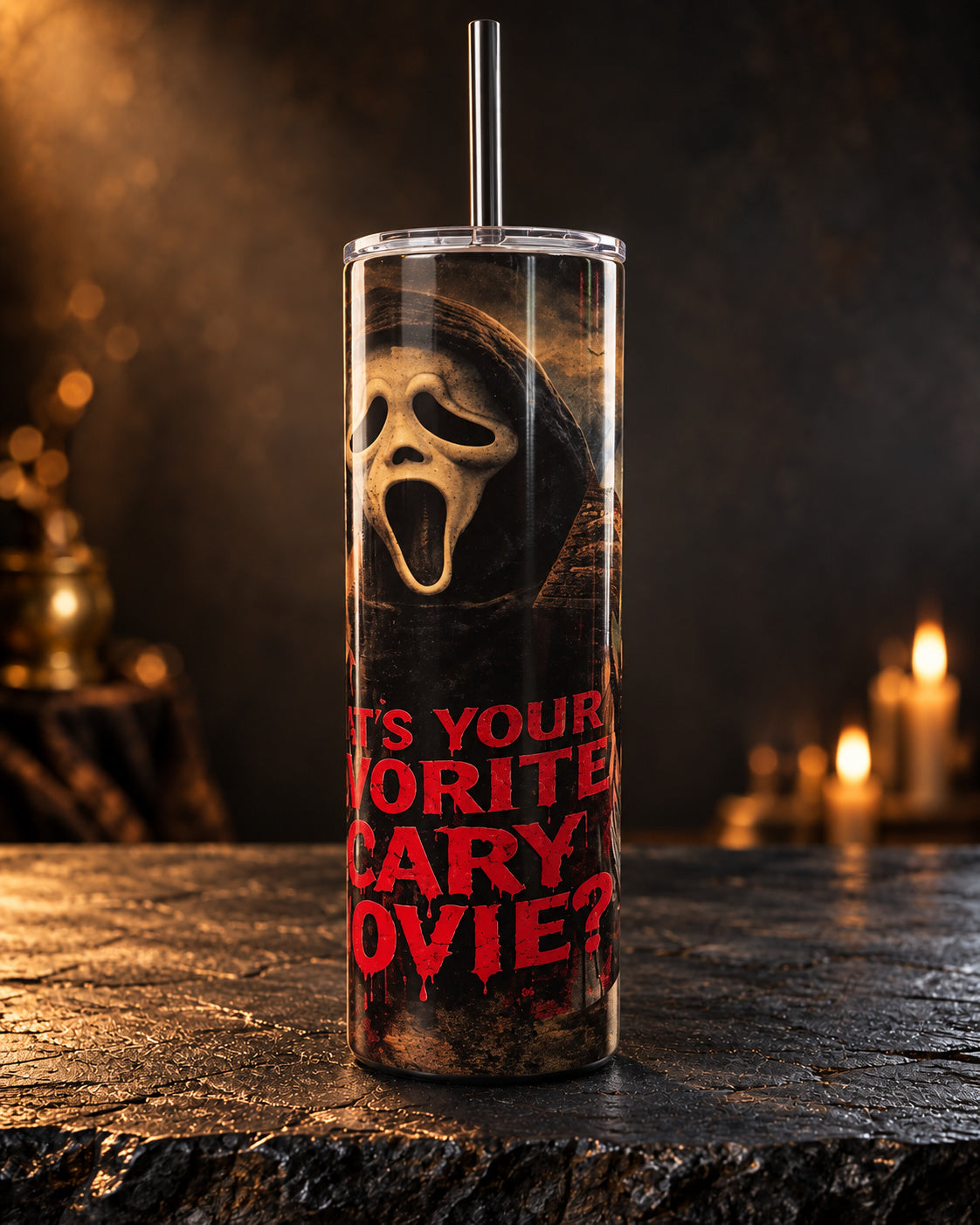 20oz tumbler with a ghost-mask portrait and blood-red horror-movie lettering