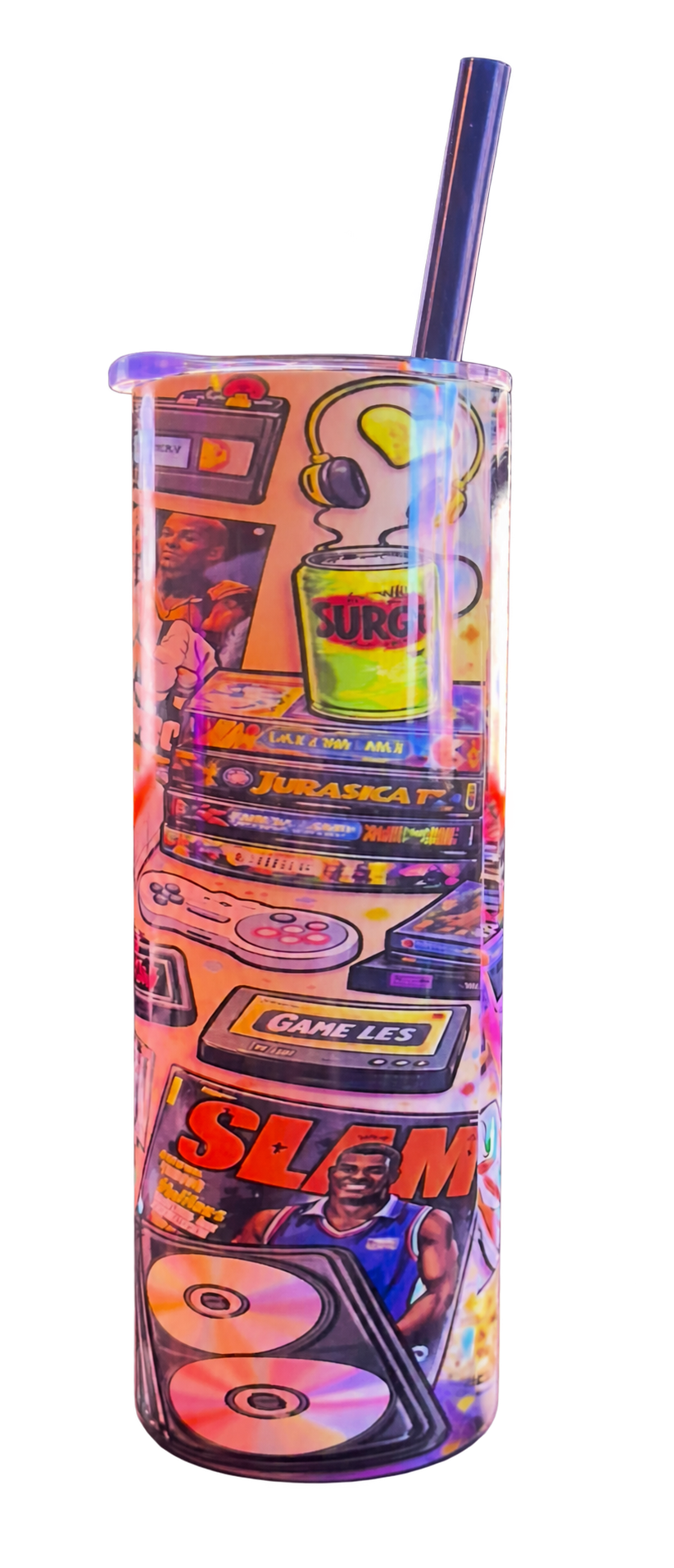 90s Nostalgia Collage Tumbler - actual front; photographed item, background removed