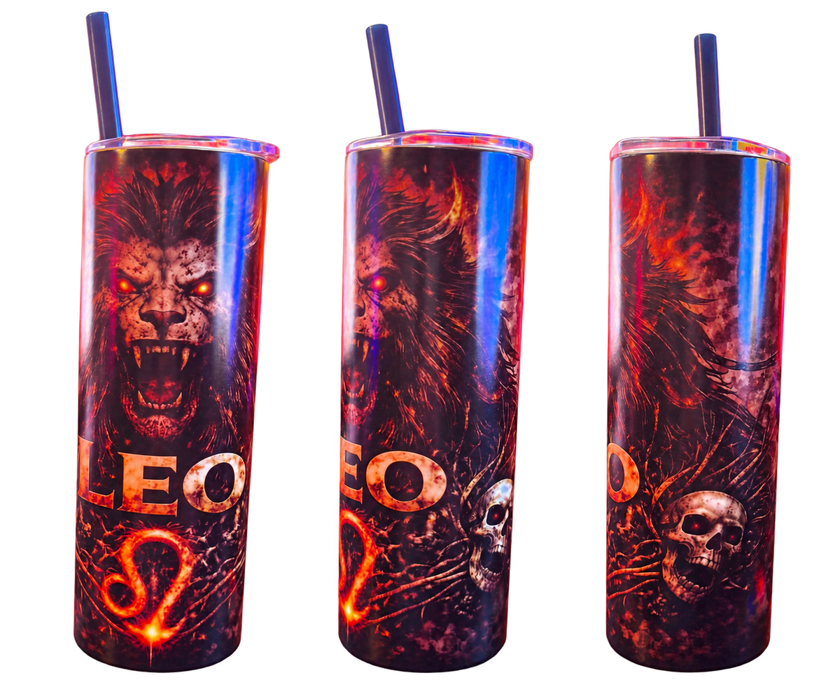 Leo Horror Zodiac Tumbler - Blem - three actual condition views 1-3 of one tumbler; photographed item, background removed