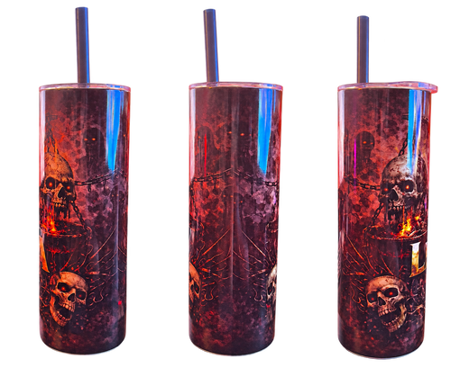REAL: Libra Horror Zodiac Tumbler - Blem - three actual condition views 1-3 of one tumbler; photographed item, background removed