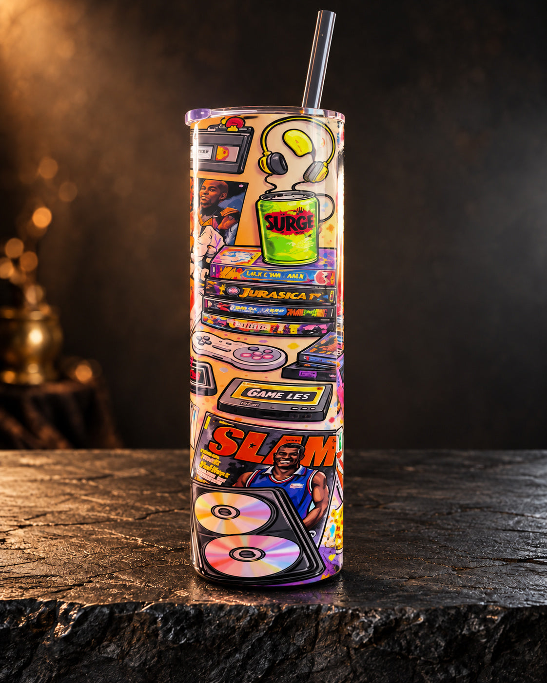 20oz tumbler with a colorful 90s collage of retro TV, music, video games and snacks