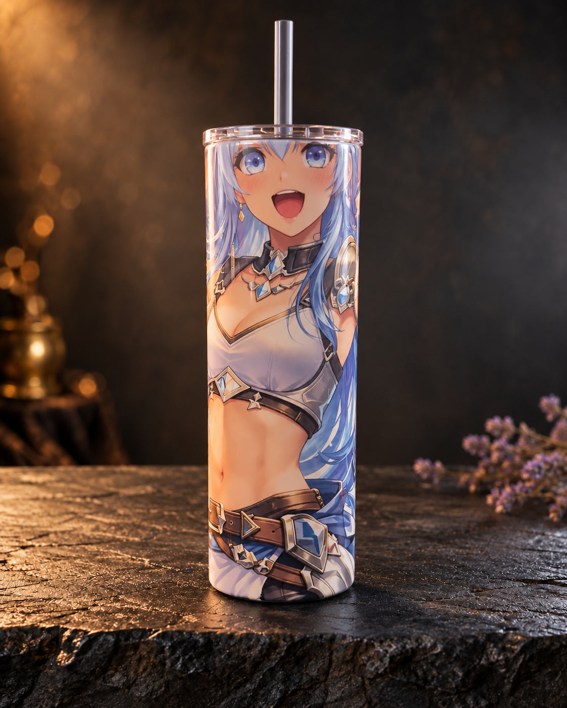 20oz tumbler with an anime-style heroine illustration in blue, purple and warm tones