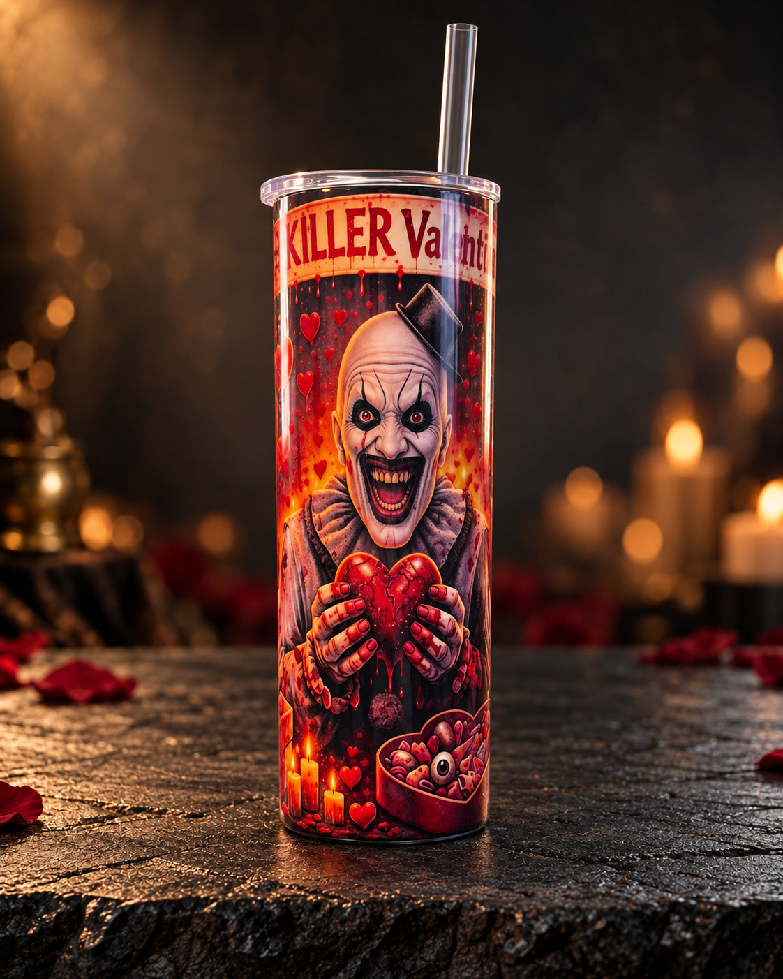 20oz tumbler with a clown portrait framed by red hearts, roses and Valentine lettering
