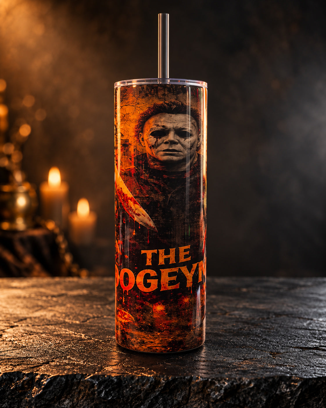 20oz tumbler with a masked Boogeyman horror portrait in orange and black
