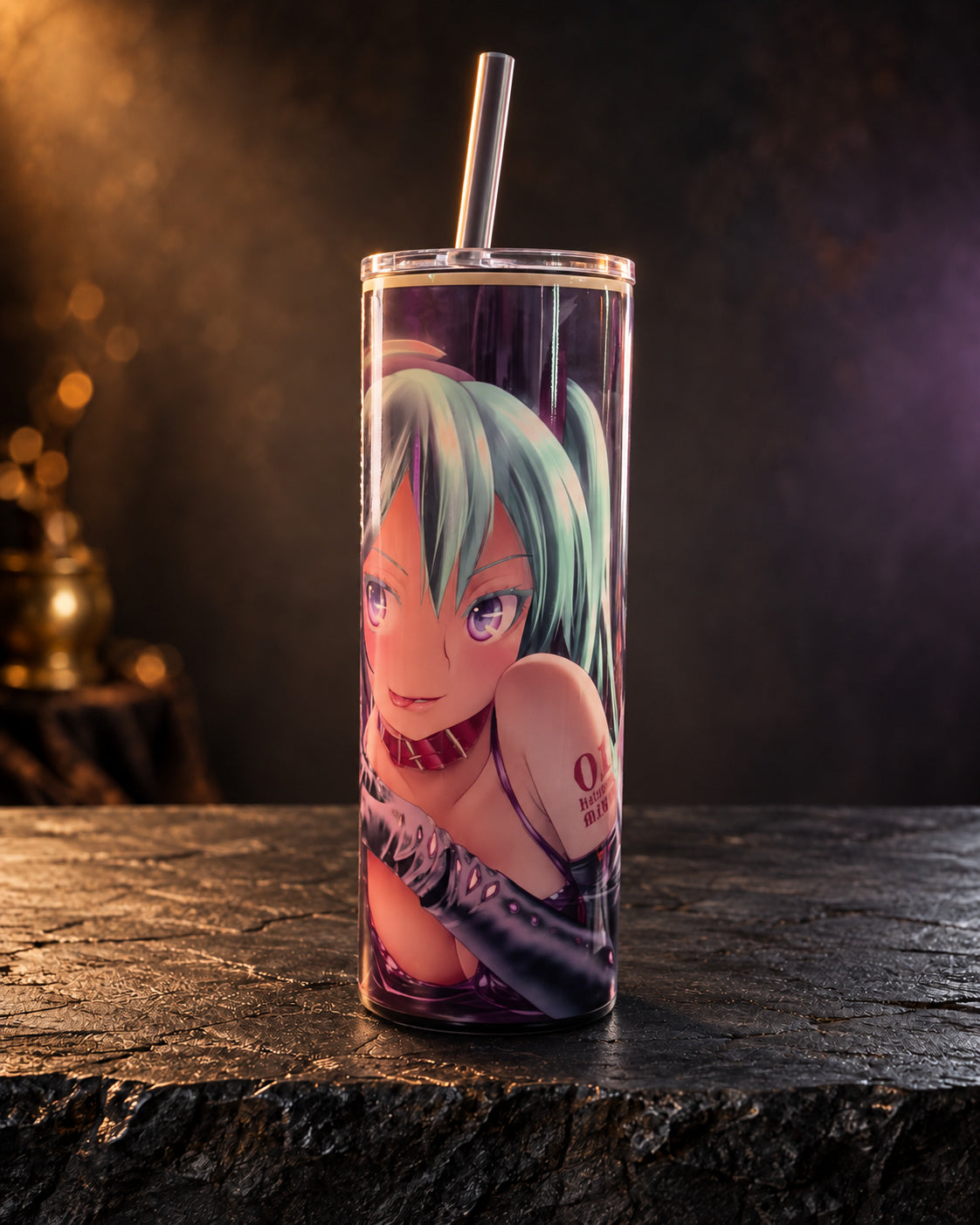 20oz tumbler with an anime girl portrait with green hair and purple accents