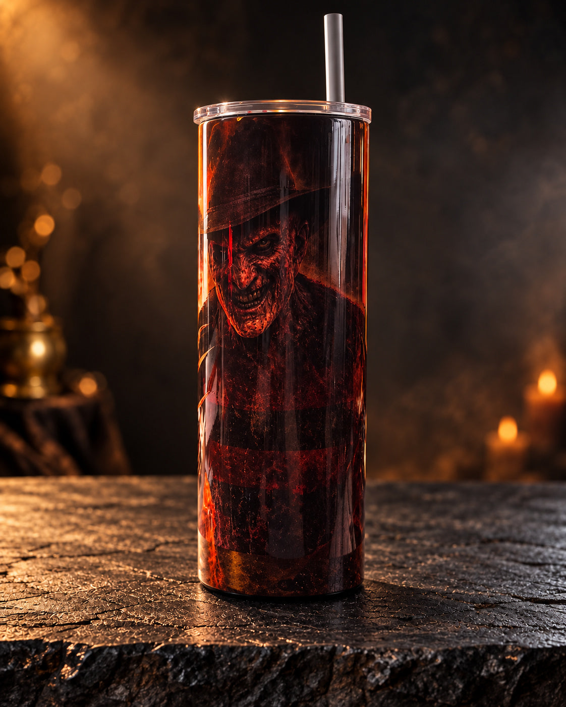 20oz tumbler with a horror slasher portrait wrapped in red and orange flames