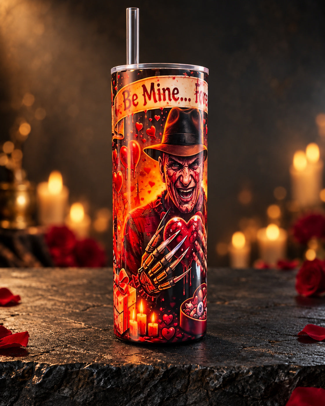 20oz tumbler with a horror slasher portrait, red hearts and roses