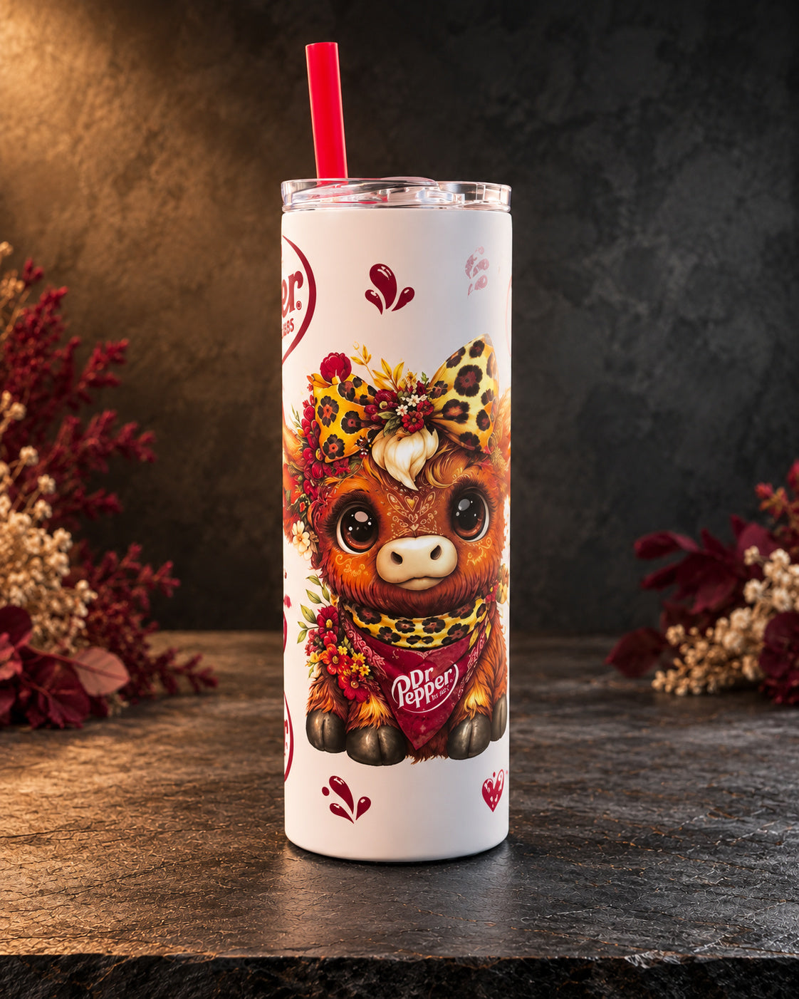 20oz tumbler with a cute baby cow, small hearts and soda-pop lettering