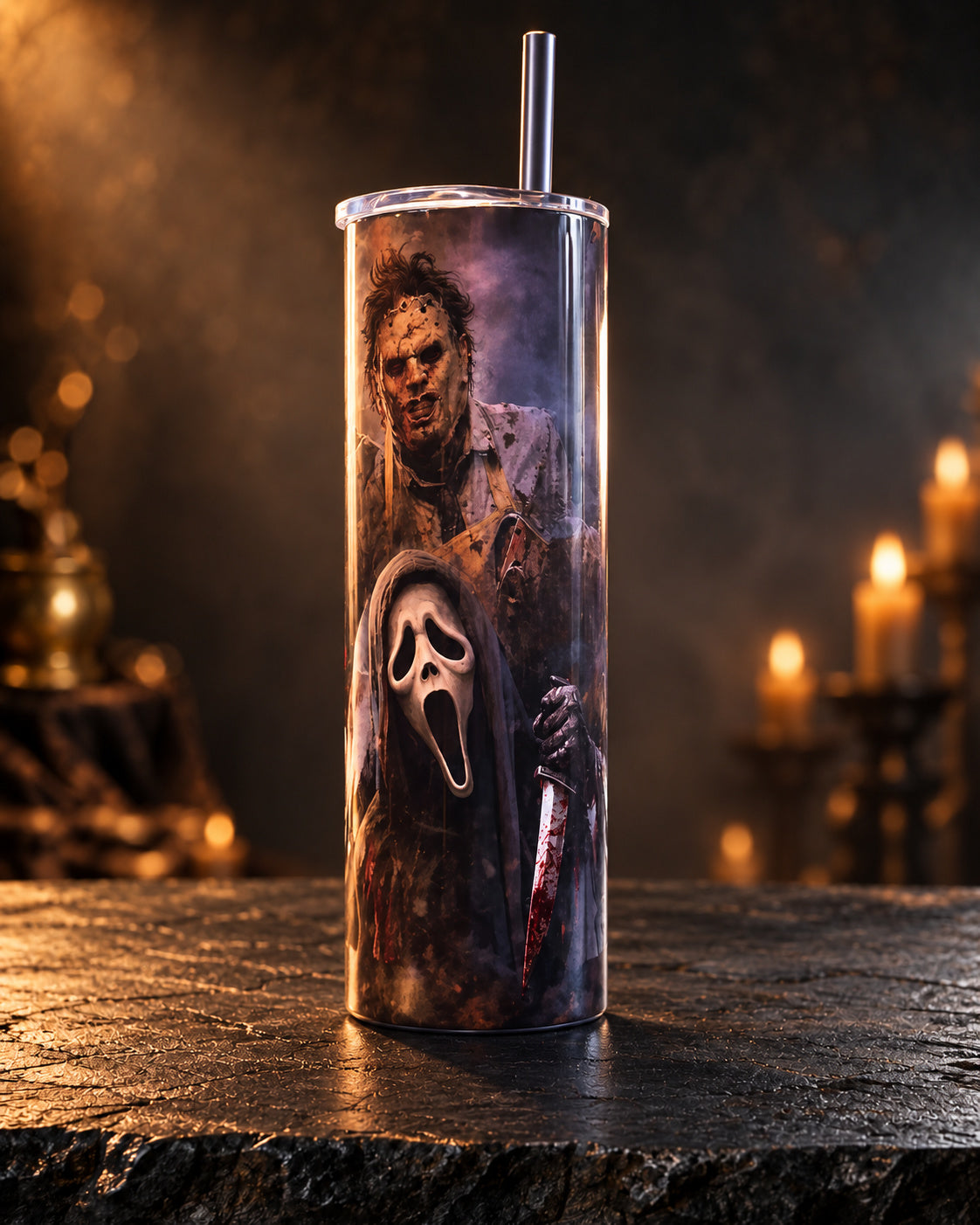 20oz tumbler with a dark montage of horror villains in red and orange
