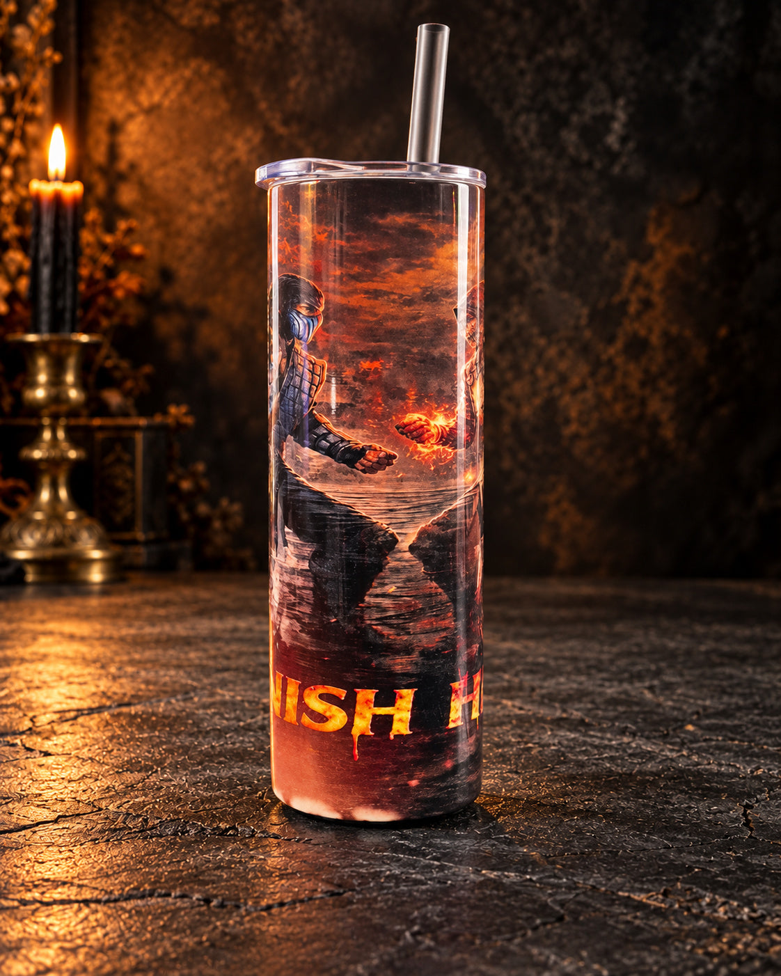 20oz blem tumbler with a fighting-game warrior and orange lettering