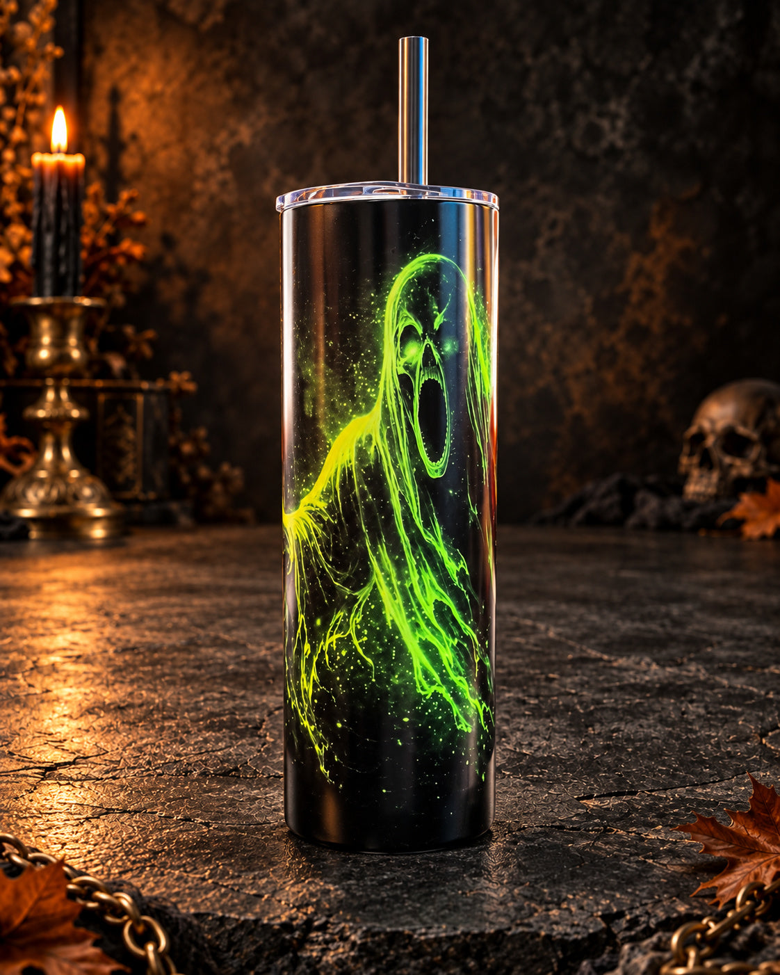 20oz blem tumbler with a neon-green hooded ghoul on black