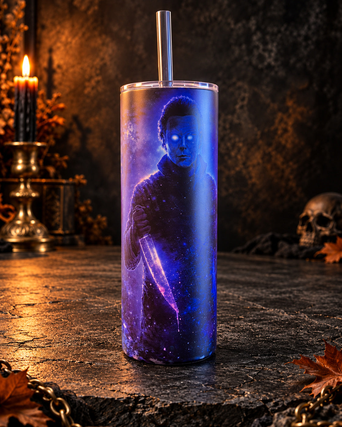 20oz blem tumbler with a masked slasher and purple-blue electric effects