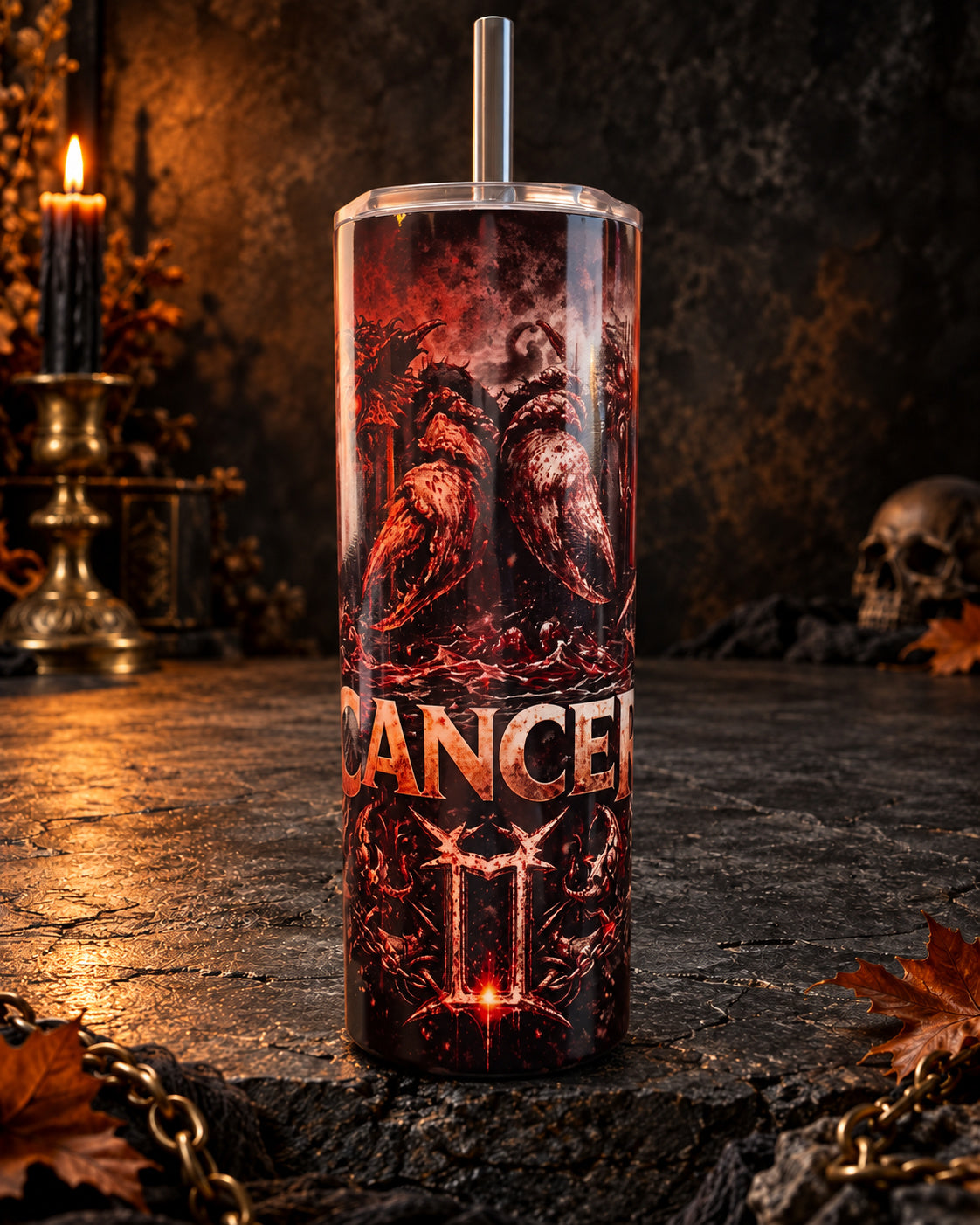 20oz blem tumbler with dark red Cancer horror zodiac art and skulls