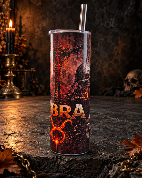 20oz blem tumbler with dark red Libra horror zodiac art and skulls