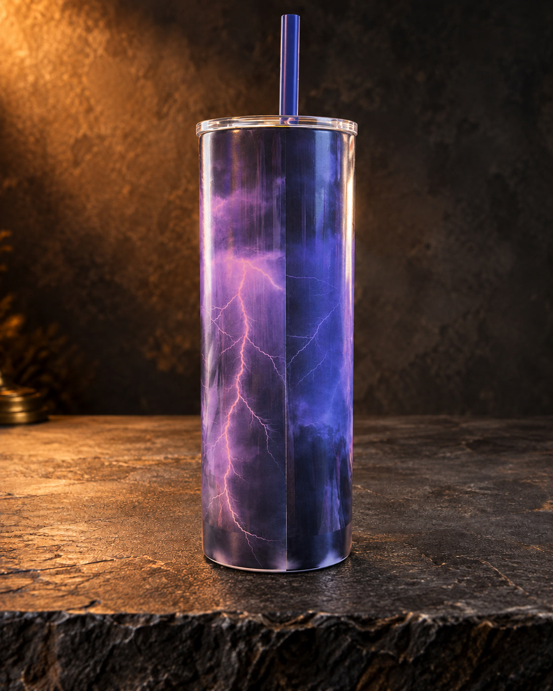 20oz blem tumbler with blue lightning across a dark sky