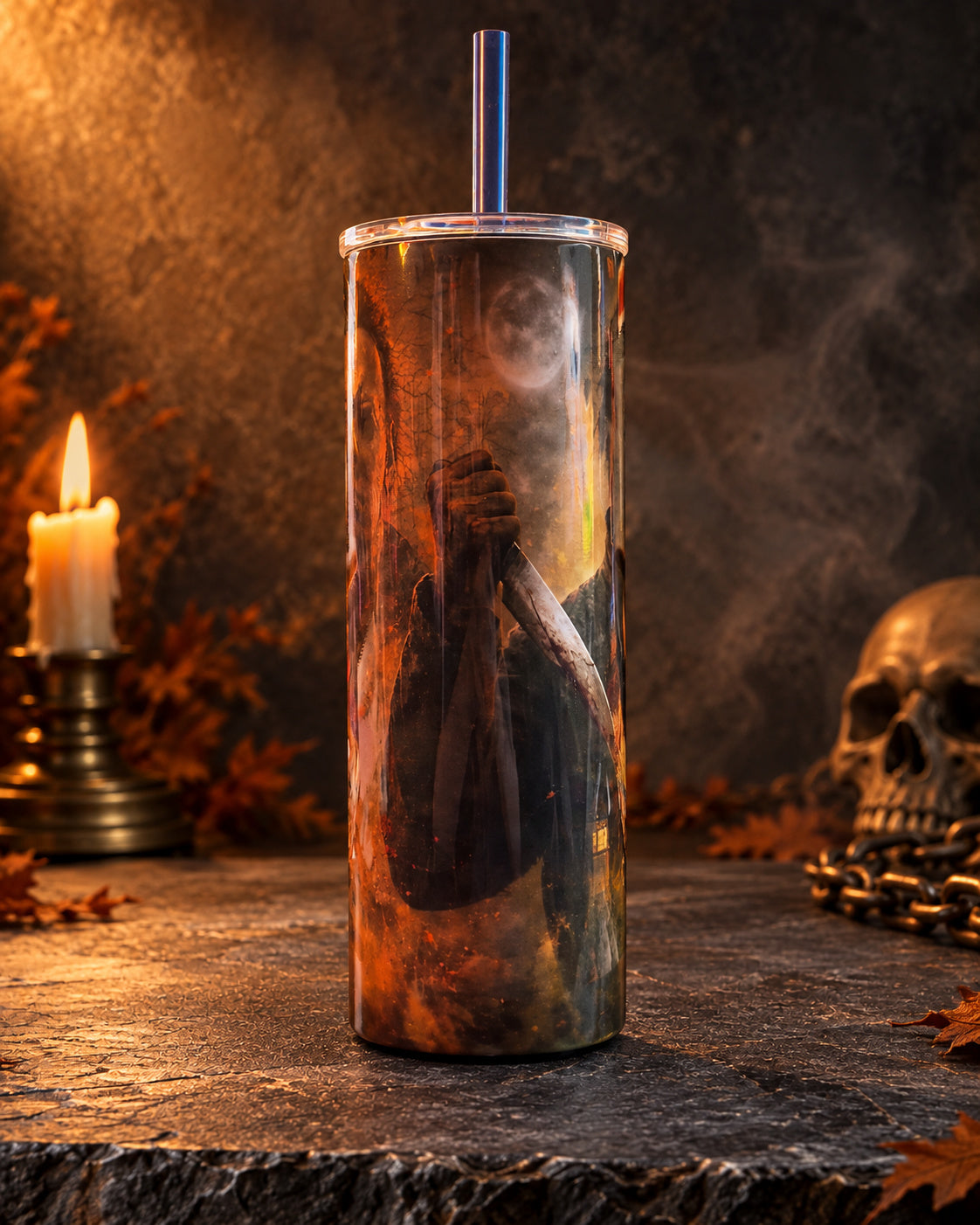 20oz blem tumbler with a masked slasher portrait in orange and black