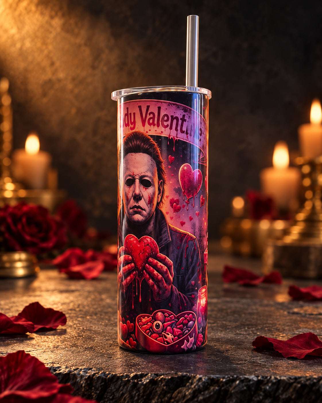 20oz blem tumbler with a masked slasher, blood-red hearts and roses