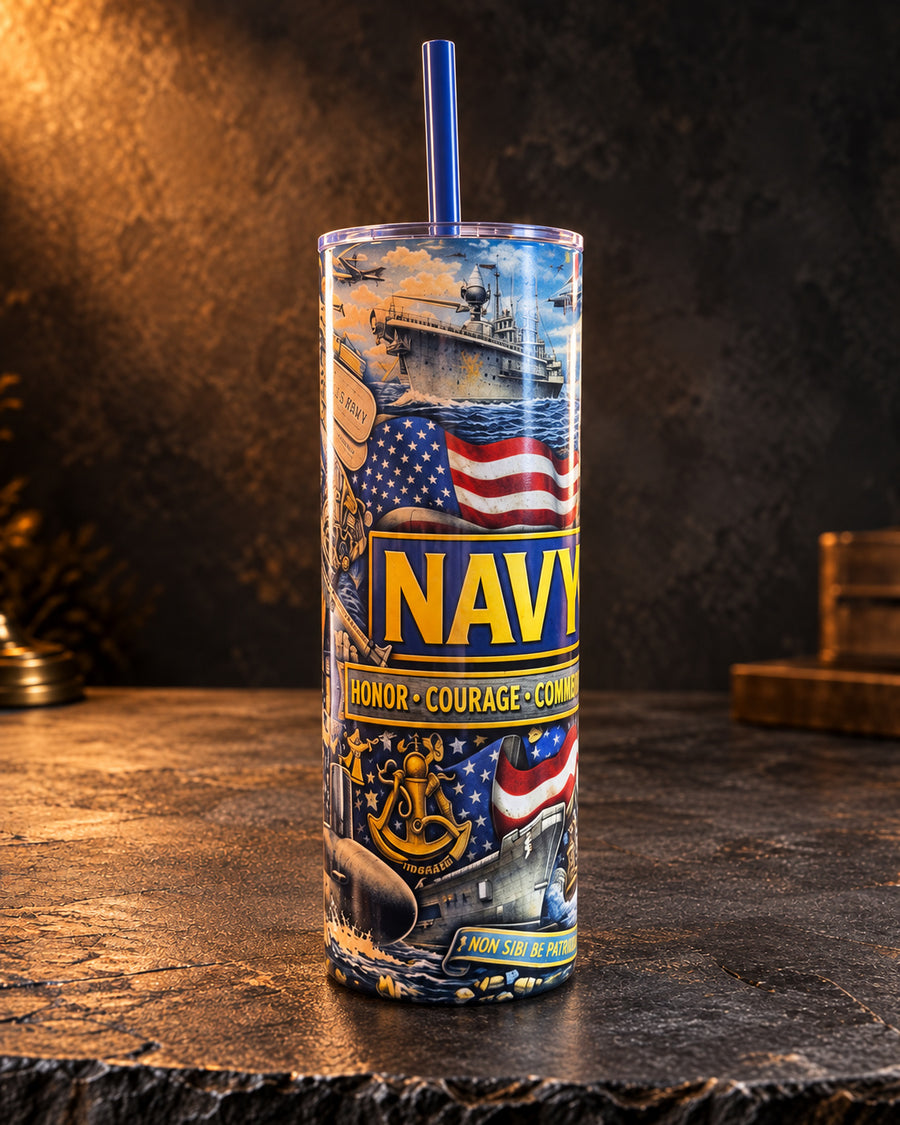 Navy Service Collage 20oz Insulated Stainless Tumbler with Lid & Straw - Blem | Navy Gift