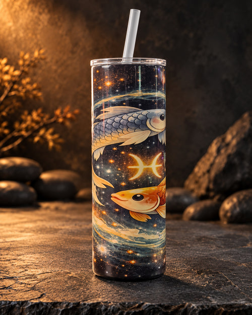 20oz blem tumbler with golden Pisces fish and stars on a dark background