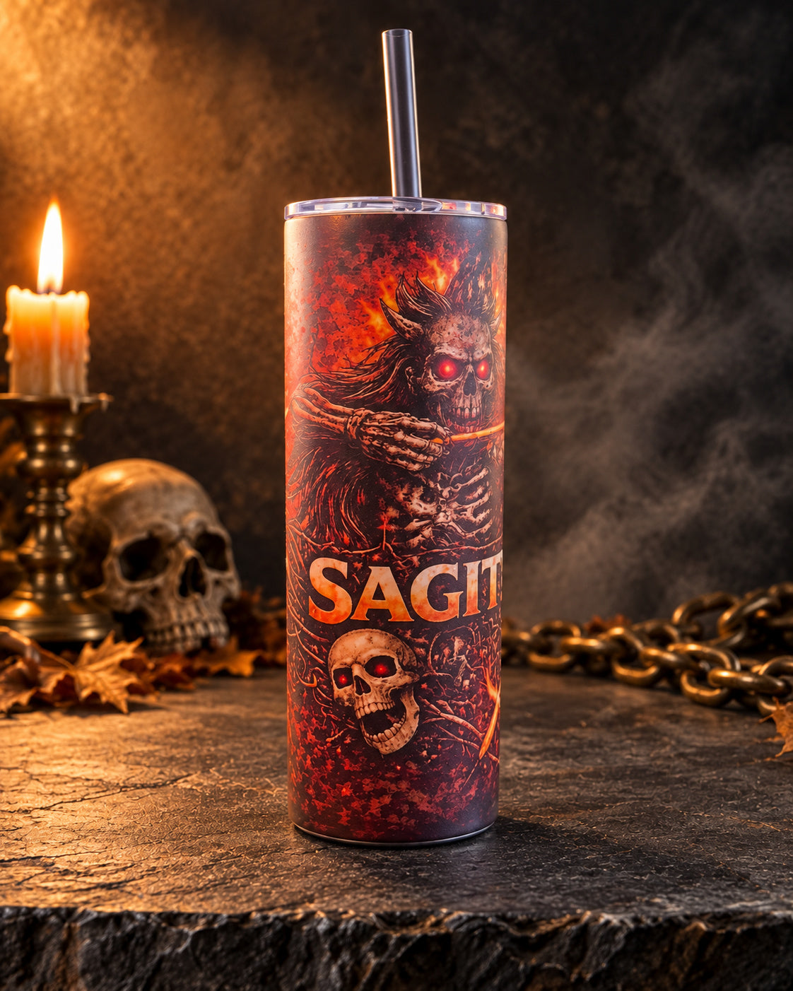 20oz blem tumbler with dark red Sagittarius horror zodiac art and skulls