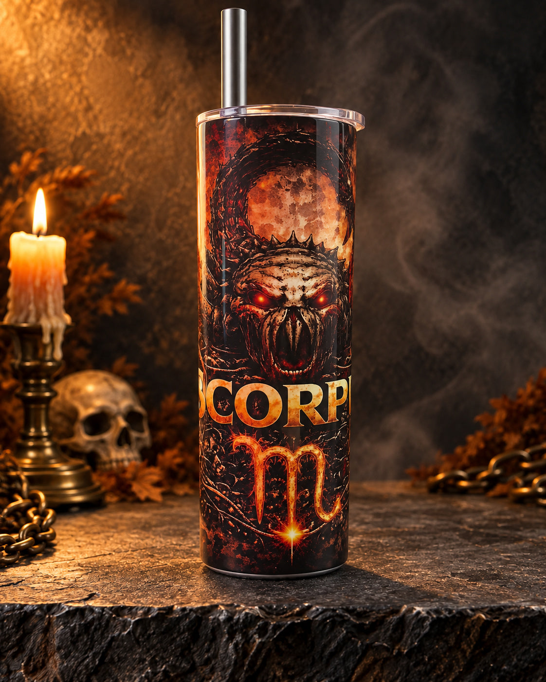 20oz blem tumbler with dark red Scorpio horror zodiac art and skulls
