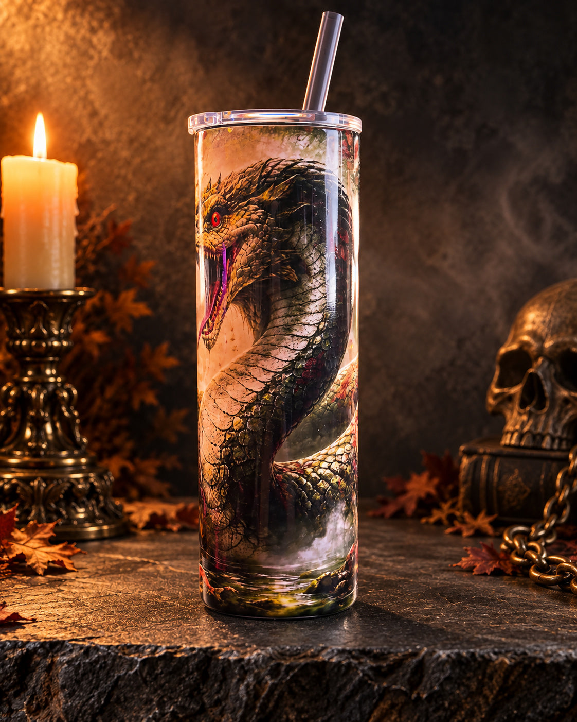 20oz blem tumbler with a curling serpent in a colorful fantasy landscape