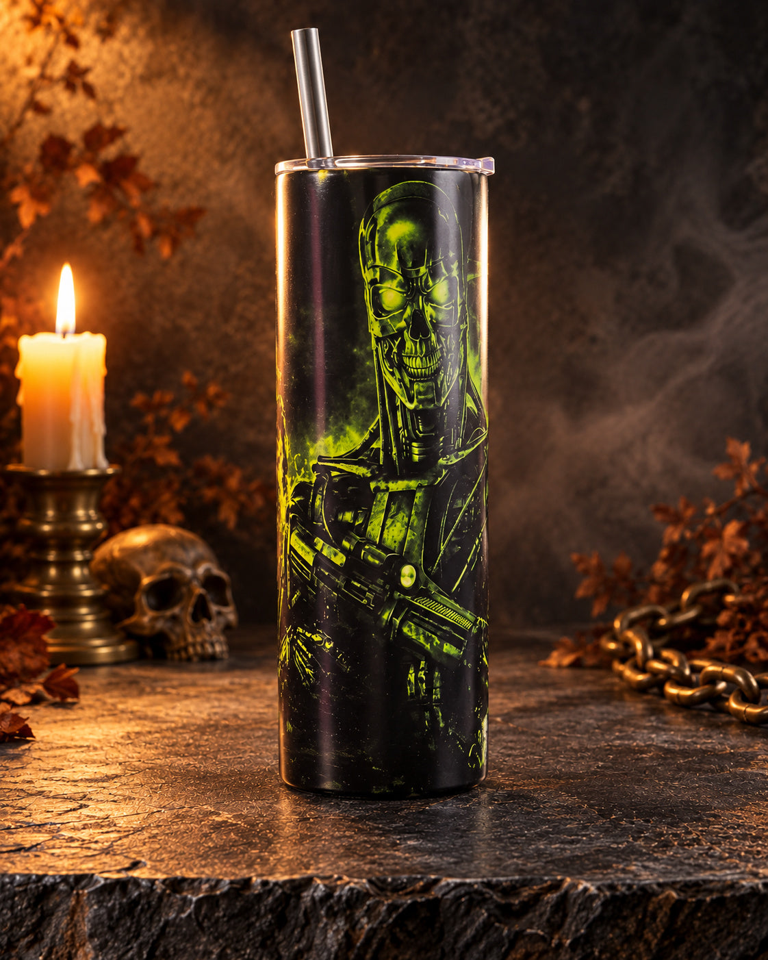 20oz blem tumbler with a green-lit cyborg skull on black