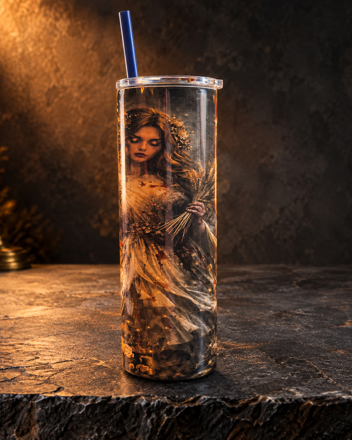 20oz blem tumbler with a warm golden Virgo portrait and landscape details