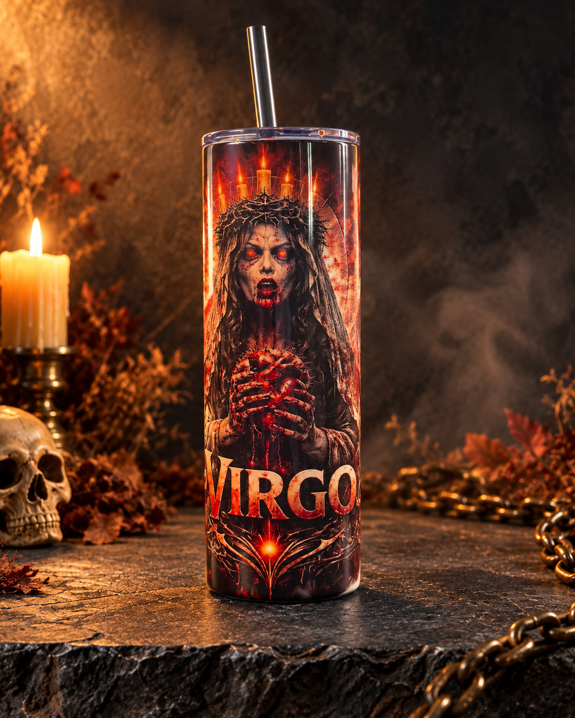 20oz blem tumbler with a dark crowned Virgo horror portrait and skulls